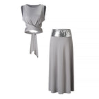 Damen elegantes Wickeloberteil und maxilanger Rock mit Paillettenbund EB