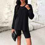 Damen-Lounge-Set aus Feinstrick mit Oversized-Langarmshirt und High-Waist-Radlershorts