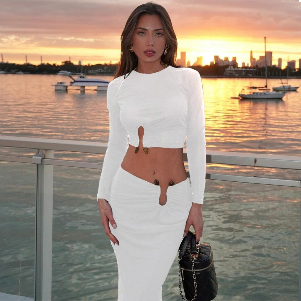 Damen Crop-Top und Maxi-Rock Kombi mit hohem Schlitz und eleganter Raffung EB
