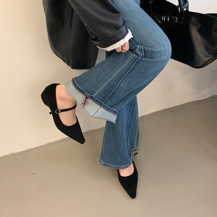 Damen elegante Ballerinas mit verstellbarem Riemen und feiner Wildlederoberfläche EB