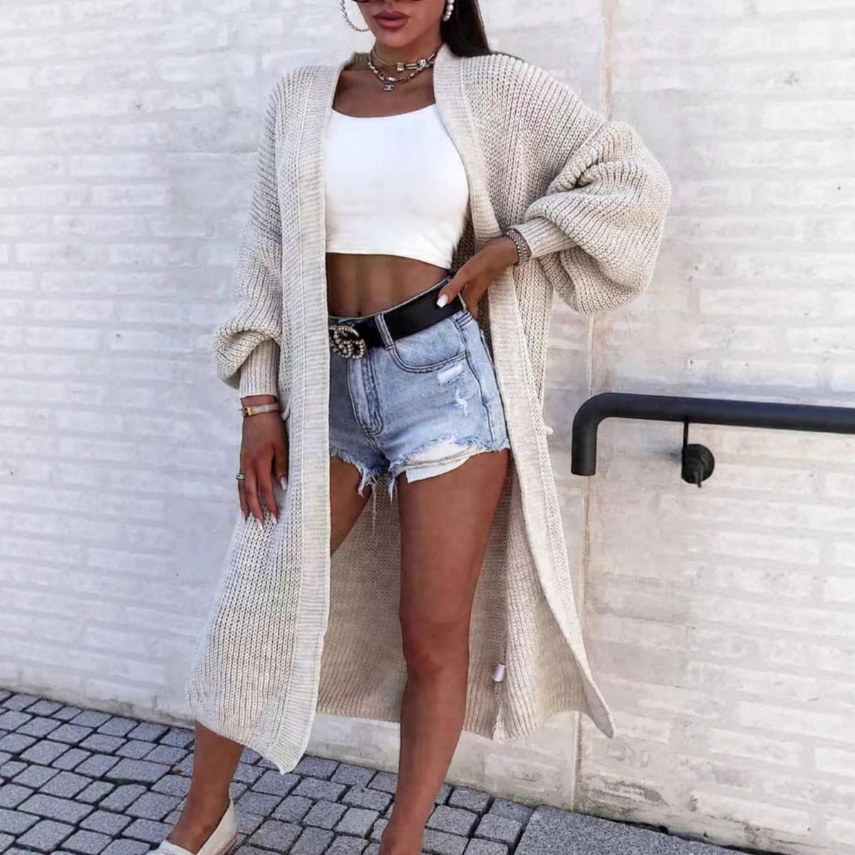 Damen Langer Strickmantel mit oversized Ärmeln und praktischen Taschen EB