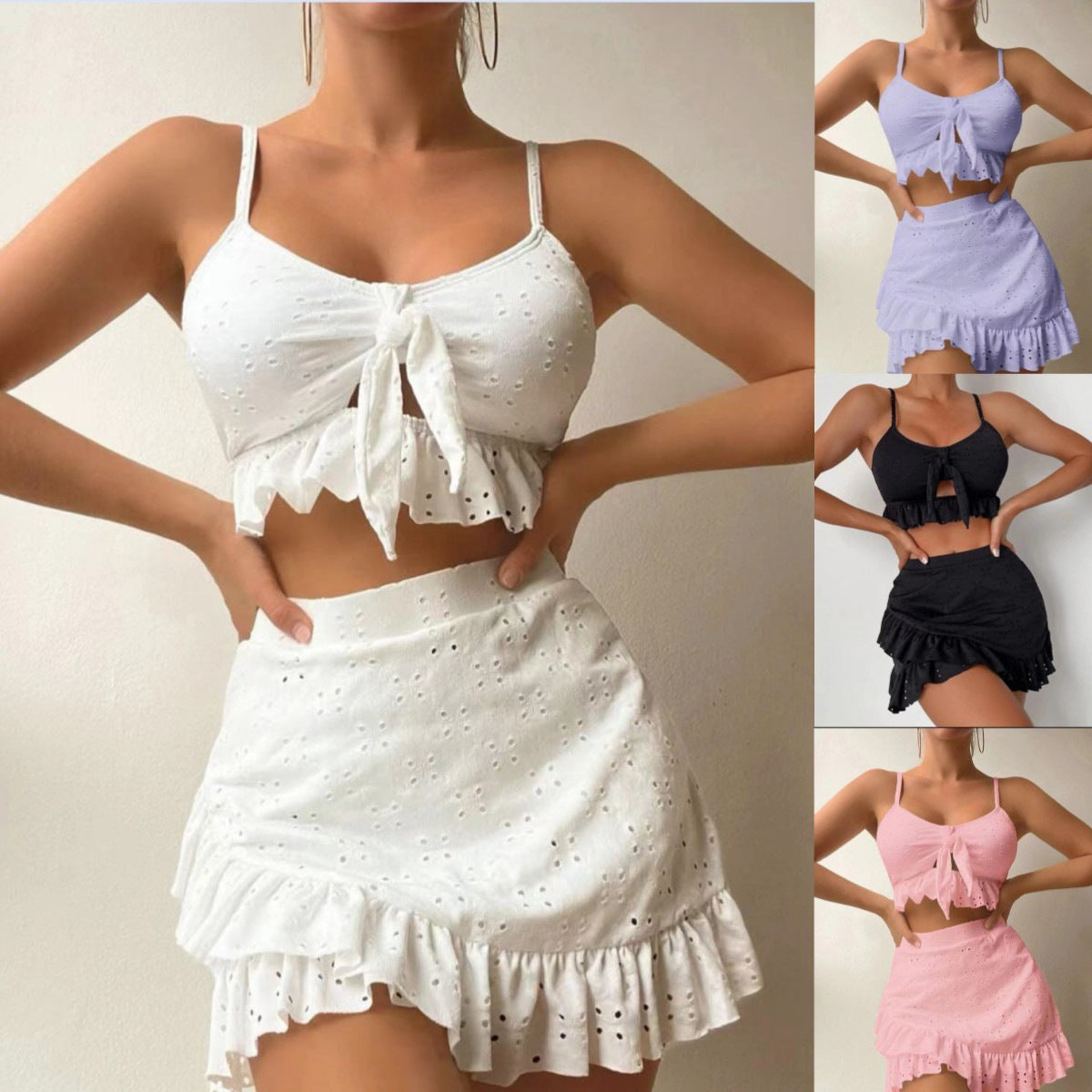 Damen Crop-Top und Röckchen Set mit verspieltem Rüschendesign EB