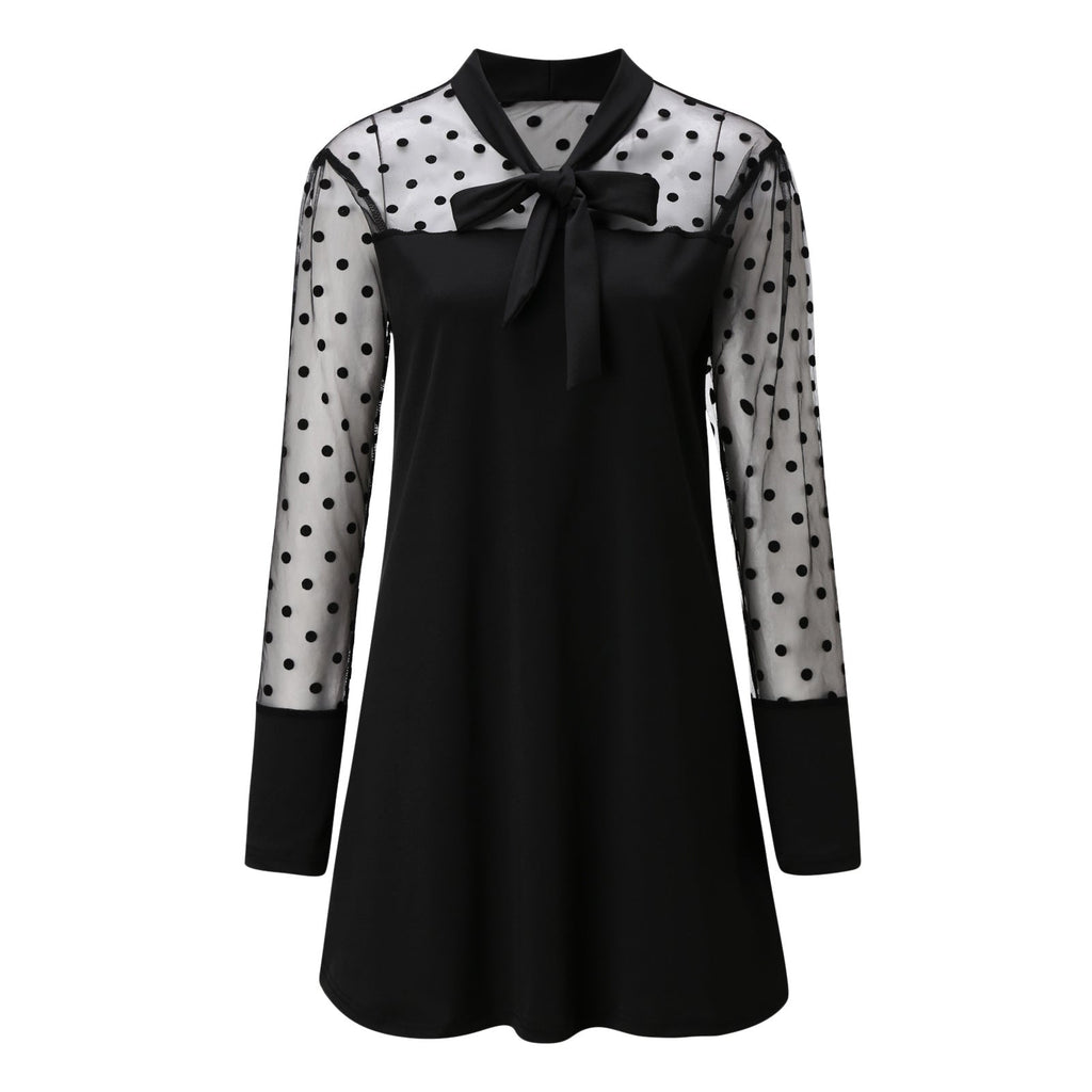 Damen Chiffonkleid mit eleganter Schleife und gepunktetem Design EB