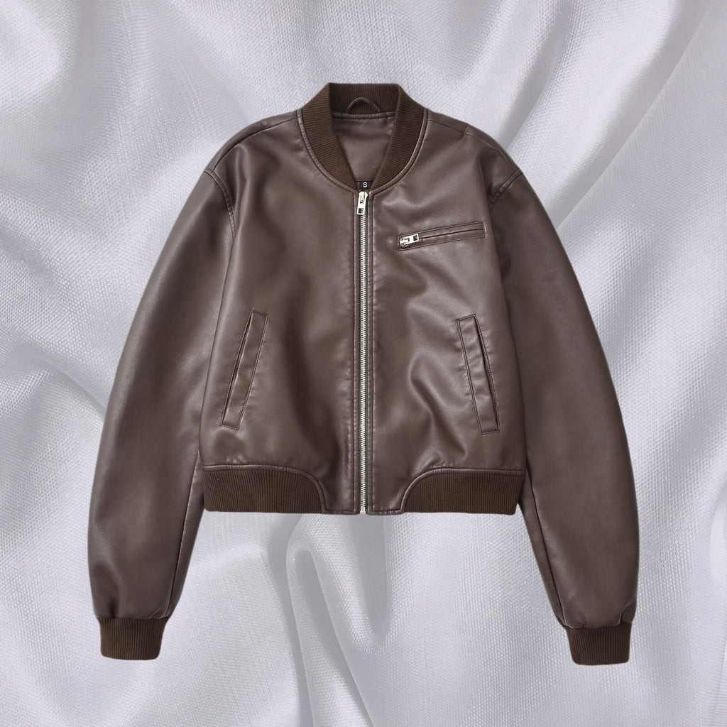 Damen Kunstleder Bomberjacke mit elastischem Abschluss und praktischen Taschen EB
