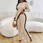 Damen nan eleganter Rippen-Jumpsuit mit asymmetrischer Wickeloptik, taillierendem Cut-Out und kontrastierenden Seitenstreifen EB