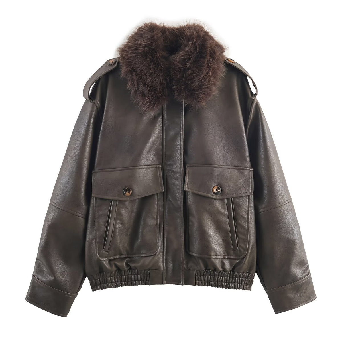 Damen Kunstlederjacke mit abnehmbarer Kunstfellkragen und praktischen Taschen EB