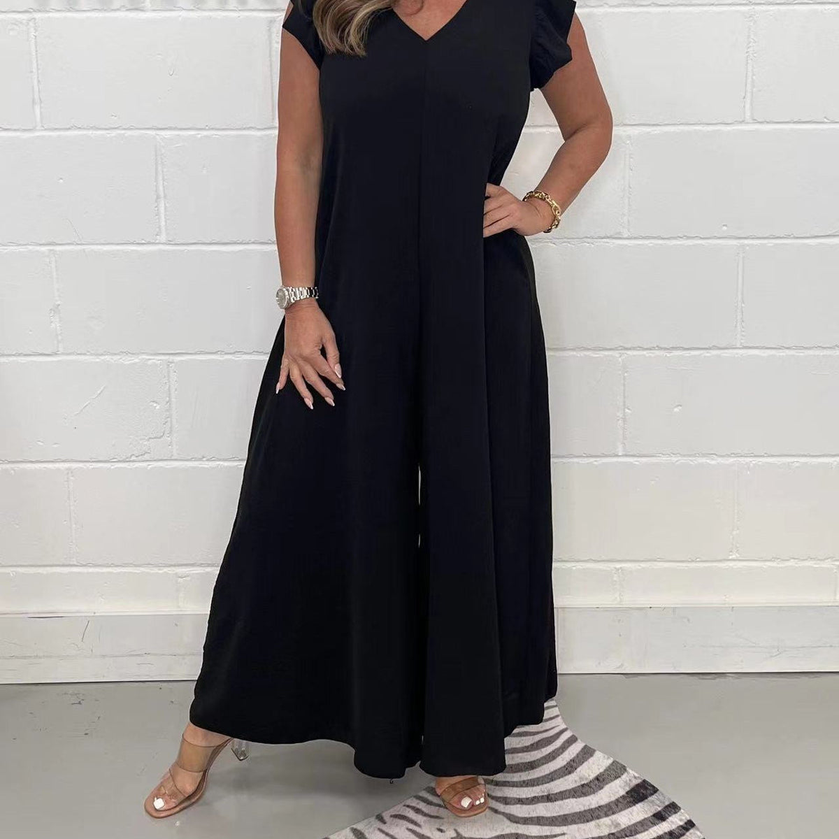 Damen legerer Jumpsuit mit fließendem Schnitt und V-Ausschnitt EB