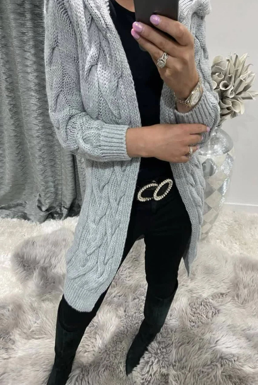 Damen Grobstrick-Cardigan mit Kapuze und Zopfmuster EB