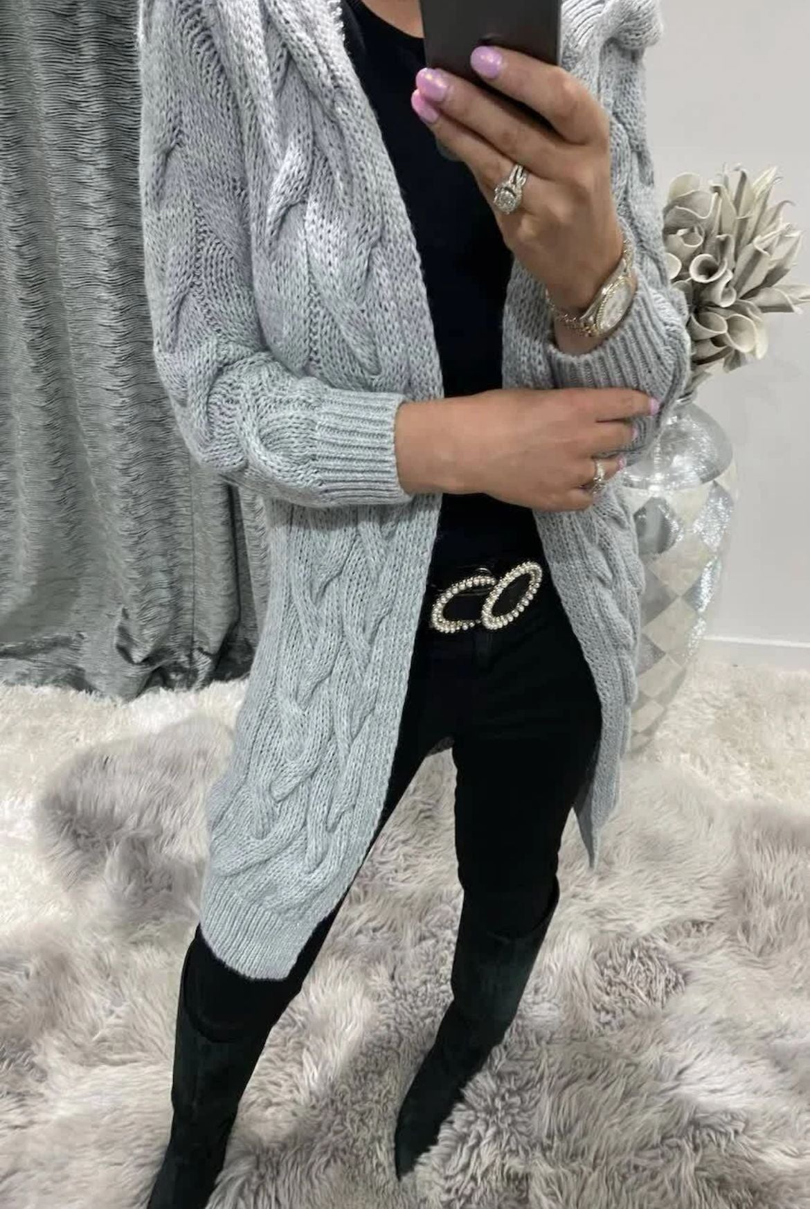 Damen Grobstrick-Cardigan mit Kapuze und Zopfmuster EB
