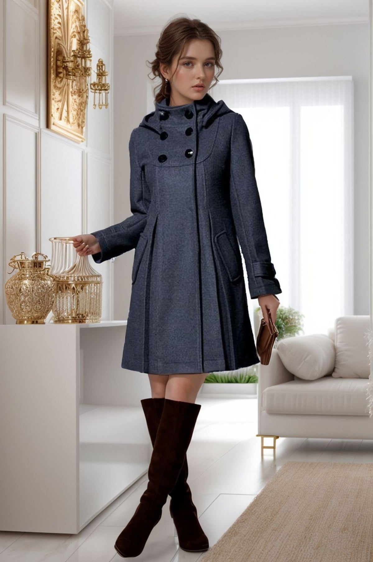 Damen eleganter Kapuzenmantel mit doppelter Knopfreihe und seitlichen Taschen EB