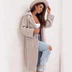 Damen Langer Strickmantel mit Kapuze und praktischen Taschen EB