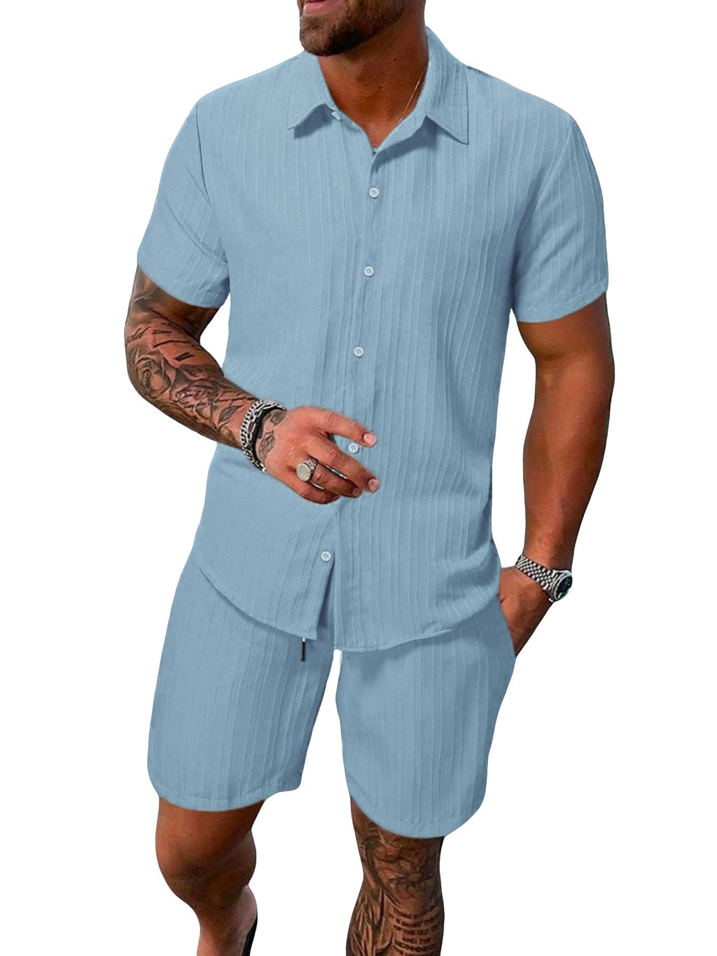 Leichtes Herren-Kurzarmhemd mit offenem Kragen und passender Shorts aus strukturiertem Baumwollmix