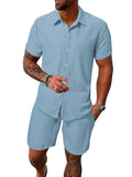 Leichtes Herren-Kurzarmhemd mit offenem Kragen und passender Shorts aus strukturiertem Baumwollmix