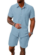 Leichtes Herren-Kurzarmhemd mit offenem Kragen und passender Shorts aus strukturiertem Baumwollmix