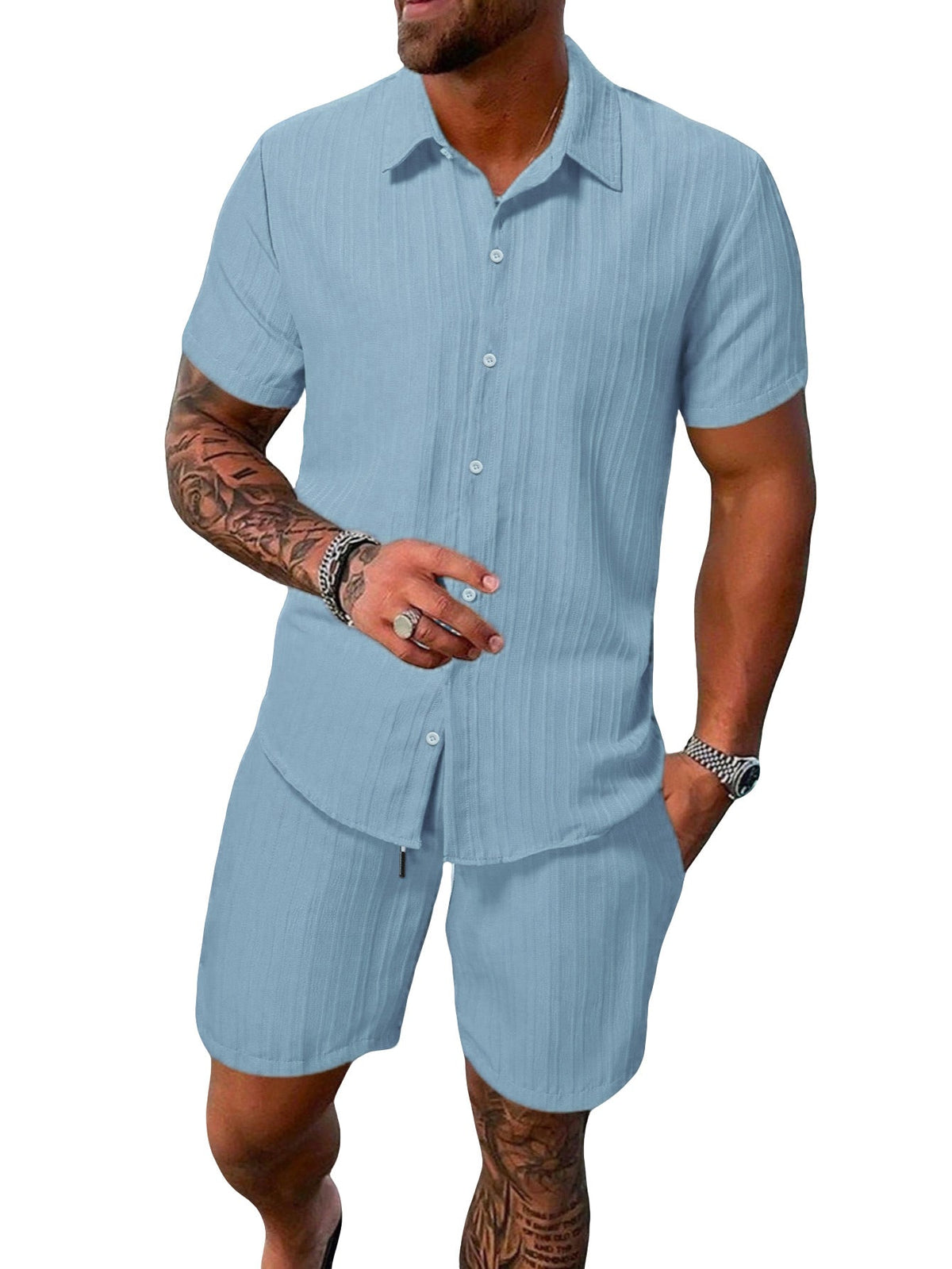 Leichtes Herren-Kurzarmhemd mit offenem Kragen und passender Shorts aus strukturiertem Baumwollmix