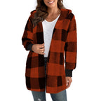 Damen Kuschelige Fleecejacke mit Karomuster und kapuziertem Design EB