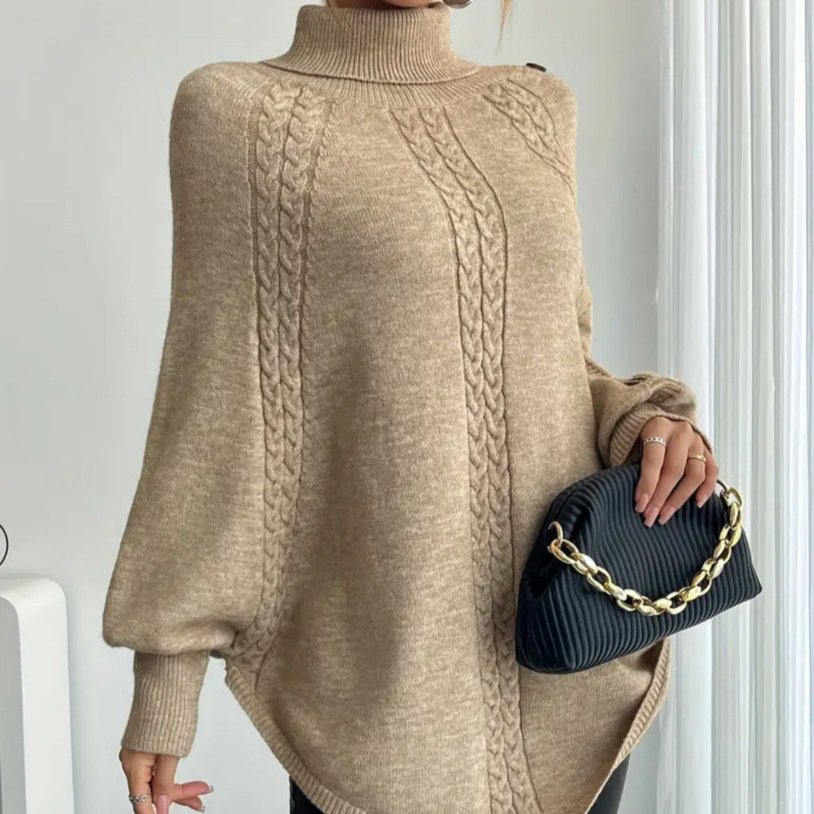 Damen Eleganter Strickponcho mit Rollkragen und Zopfmuster EB