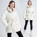 Damen Komfortable und elegante Pufferjacke mit Gürtel und hohem Kragen EB