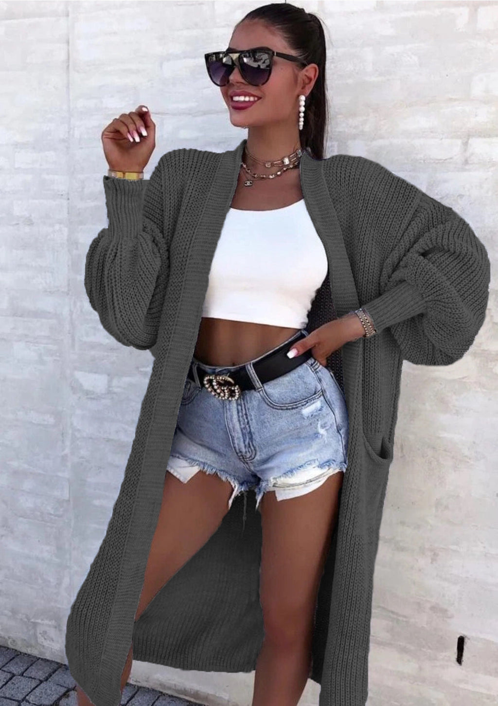 Damen Langer Strickmantel mit oversized Ärmeln und praktischen Taschen EB
