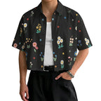 Damen nan kastig geschnittene Kurzarm-Hemdbluse mit floralem Allover-Print, Hemdkragen und kurzem Saum EB