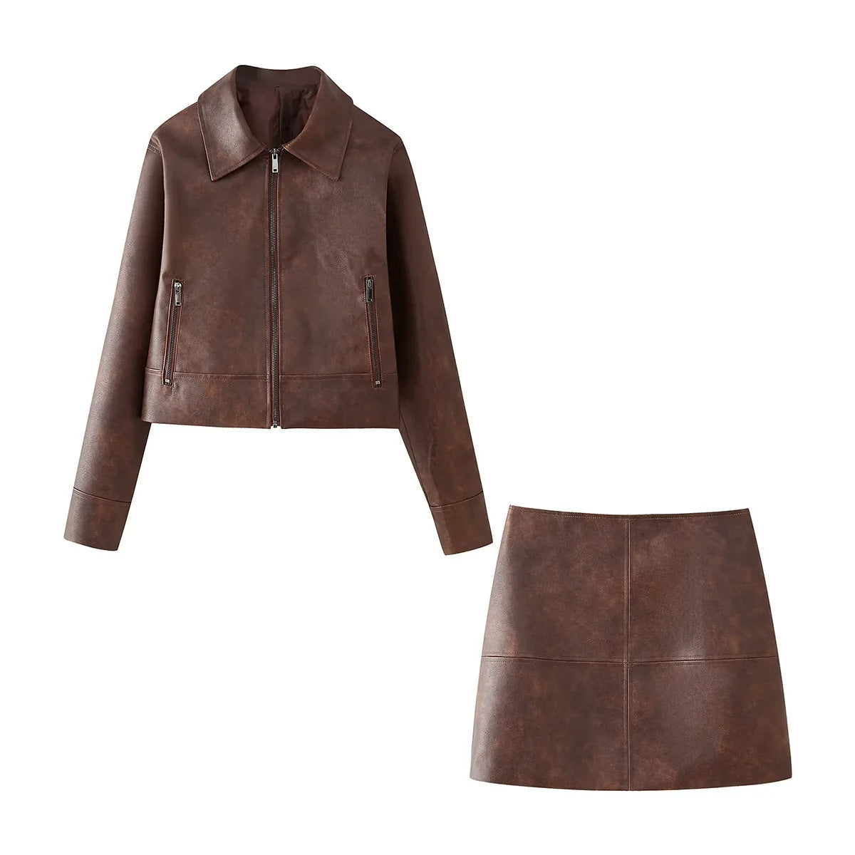 Women's short-cut faux leather jacket with zipper, pointed collar, and zippered pockets Mune Fashion