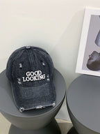 Distressed Denim Baseball Cap with Embroidered Message