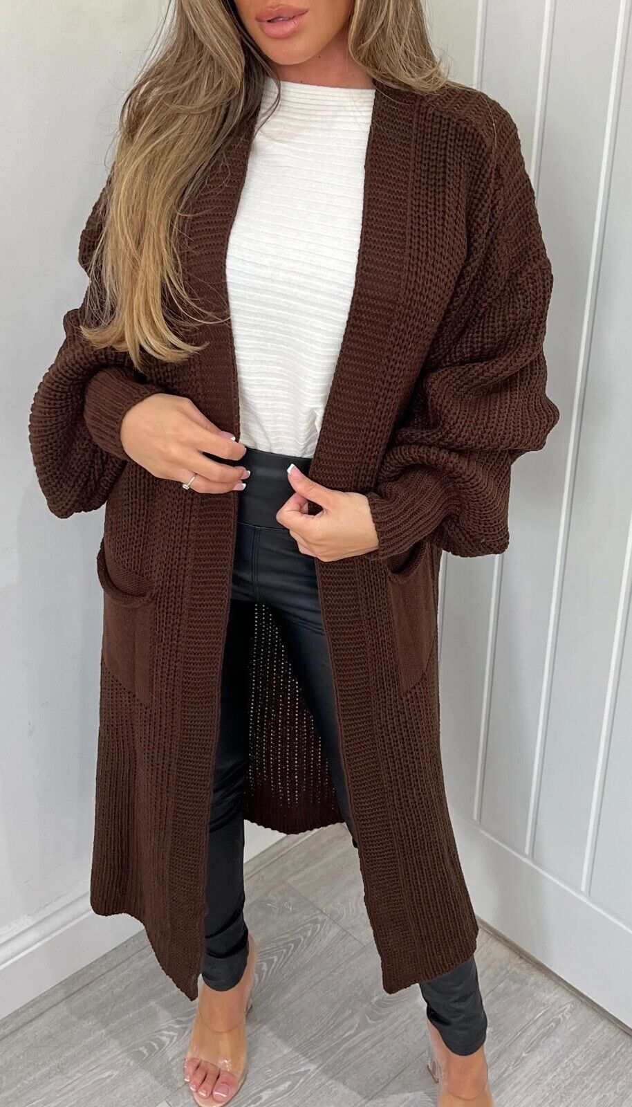 Damen Langer Strickmantel mit großzügigen Taschen EB