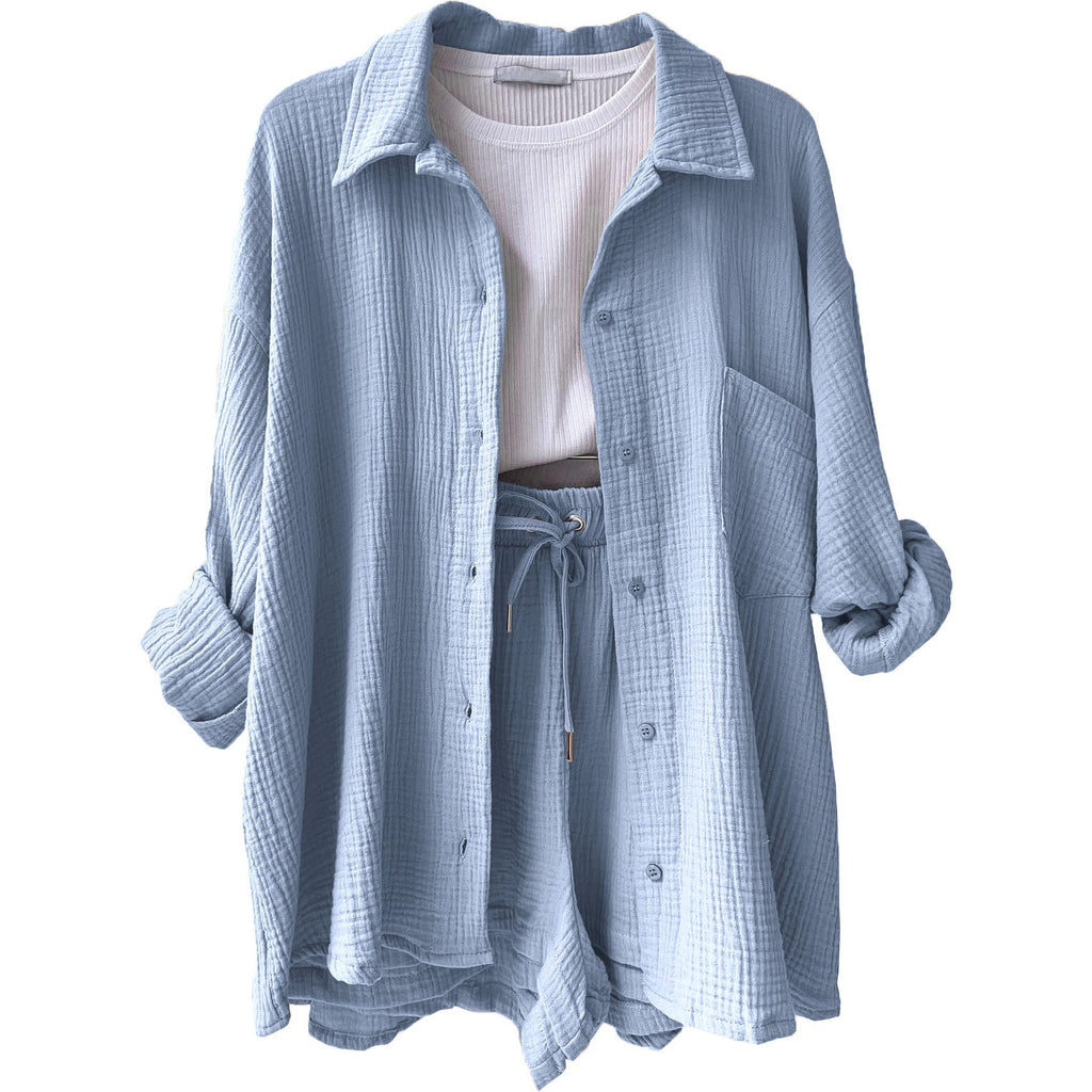 Damen lässiges Oversize-Hemd mit kurzem Schnitt und praktischen Taschen EB