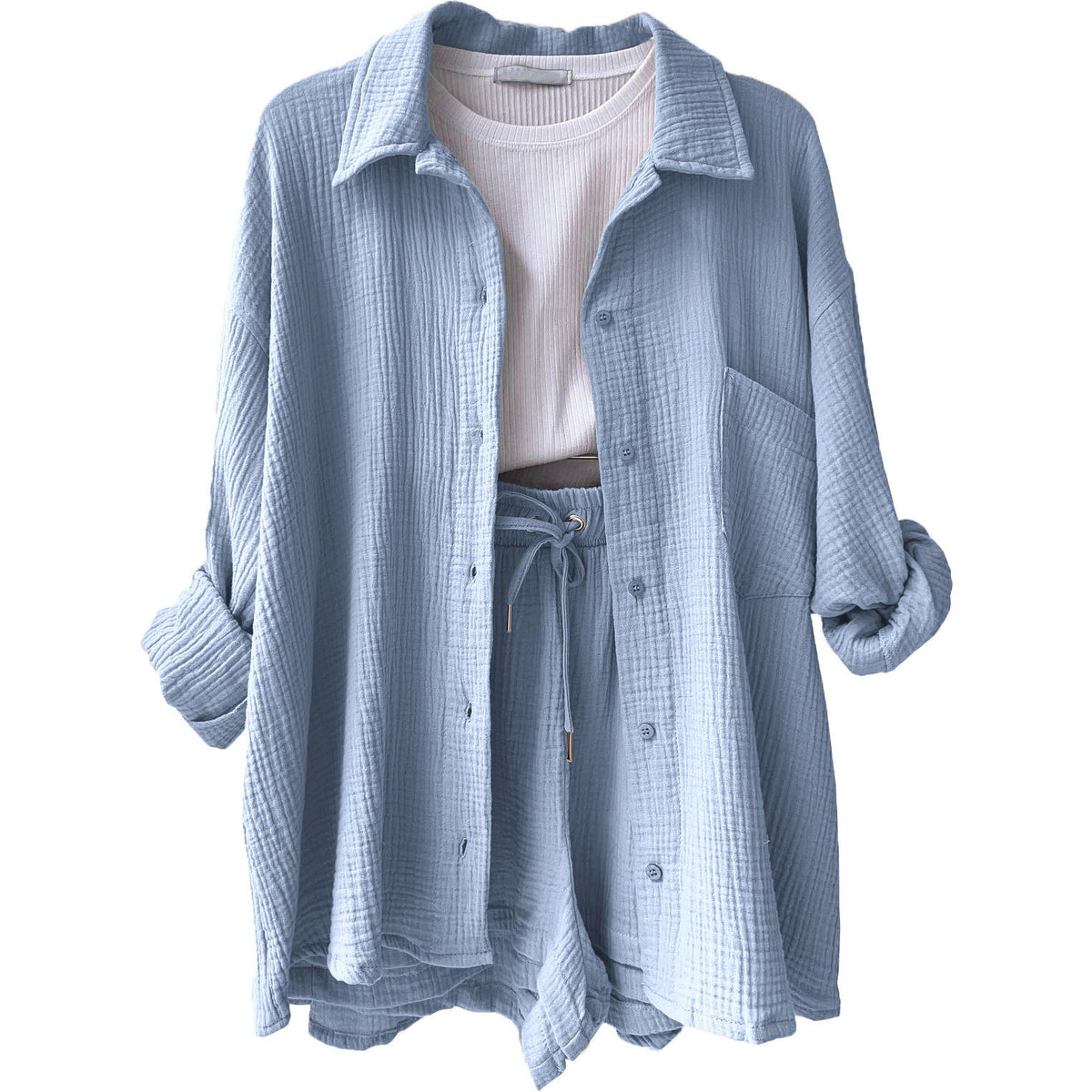 Damen lässiges Oversize-Hemd mit kurzem Schnitt und praktischen Taschen EB