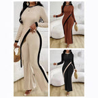 Damen nan eleganter Rippen-Jumpsuit mit asymmetrischer Wickeloptik, taillierendem Cut-Out und kontrastierenden Seitenstreifen EB
