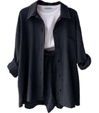Damen lässiges Oversize-Hemd mit kurzem Schnitt und praktischen Taschen EB