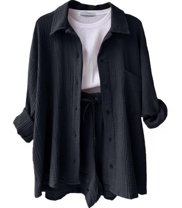 Damen lässiges Oversize-Hemd mit kurzem Schnitt und praktischen Taschen EB