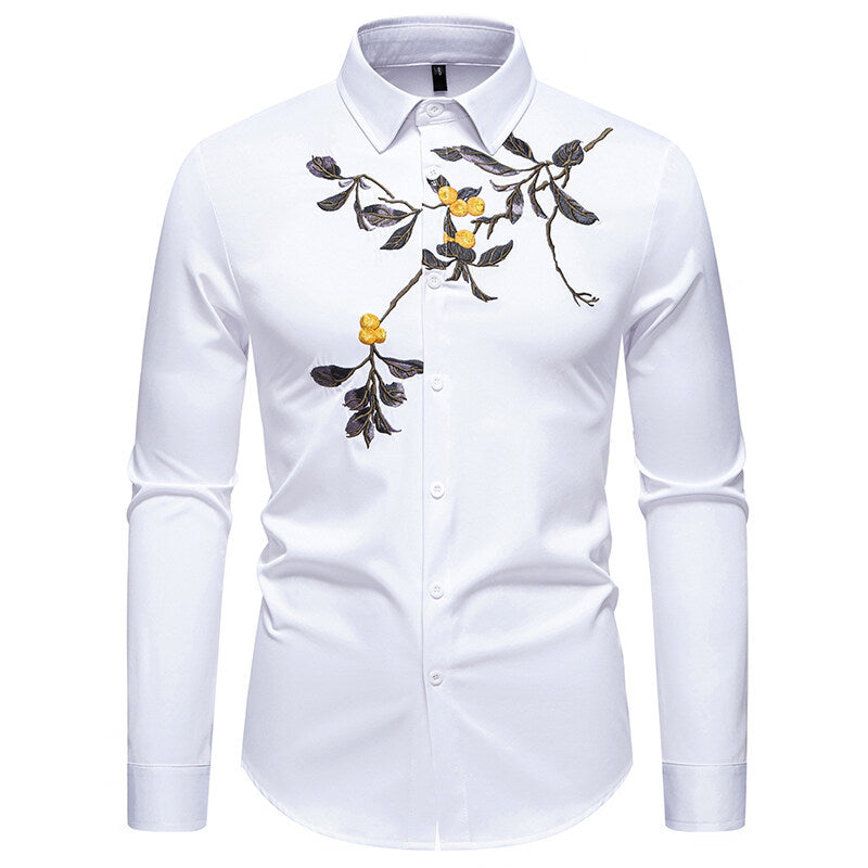 Herren elegantes Langarmhemd mit floraler Stickerei EB