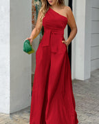 Damen Eleganter Jumpsuit mit asymmetrischem Ausschnitt und Taillengürtel EB