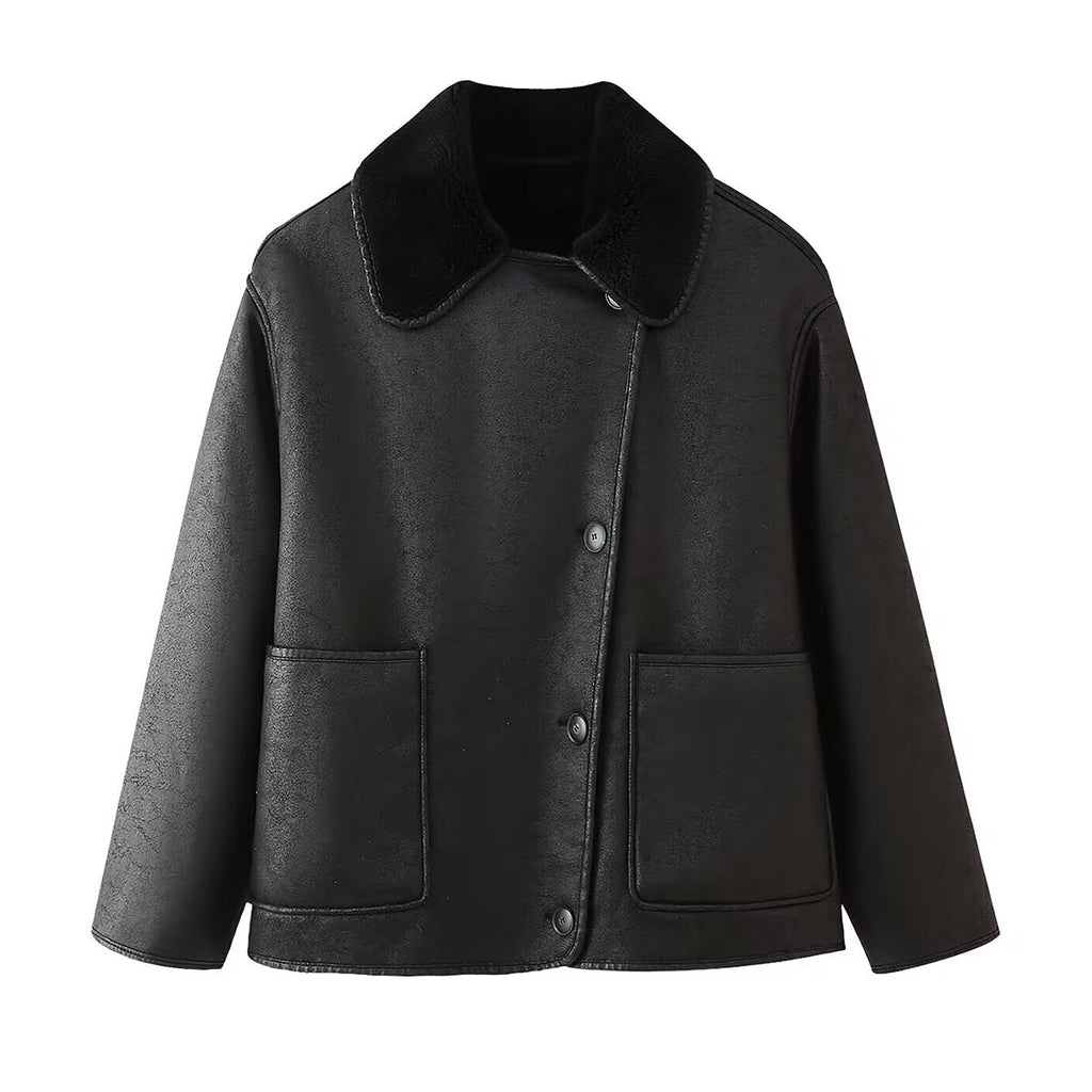 Damen Kunstlederjacke mit luxuriösem Fellkragen und praktischen Taschen EB
