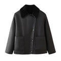 Damen Kunstlederjacke mit luxuriösem Fellkragen und praktischen Taschen EB