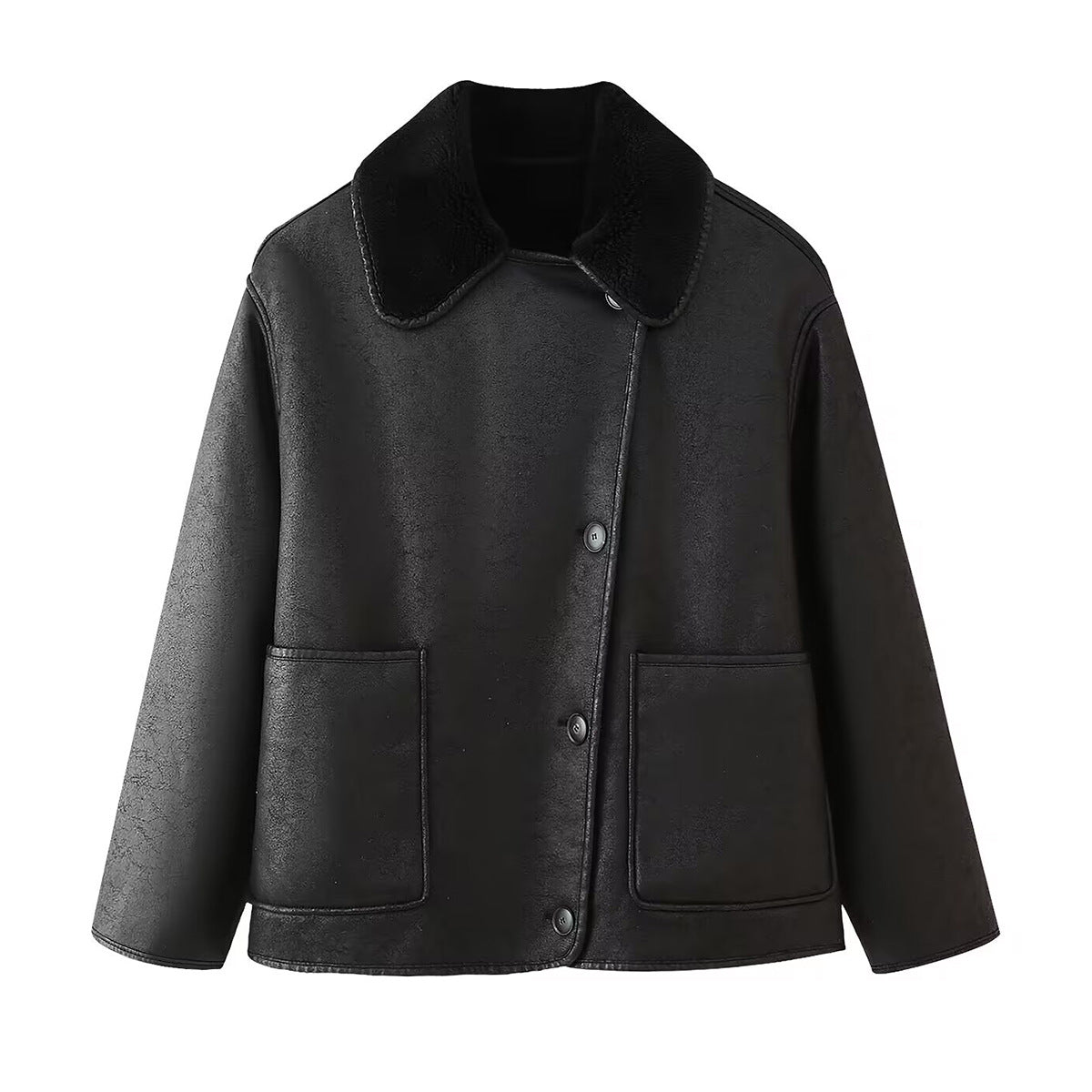 Damen Kunstlederjacke mit luxuriösem Fellkragen und praktischen Taschen EB