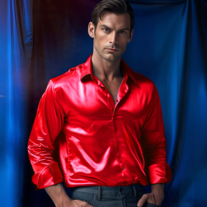 Herren Elegantes Satin-Hemd mit glänzender Oberfläche und modernem Schnitt EB