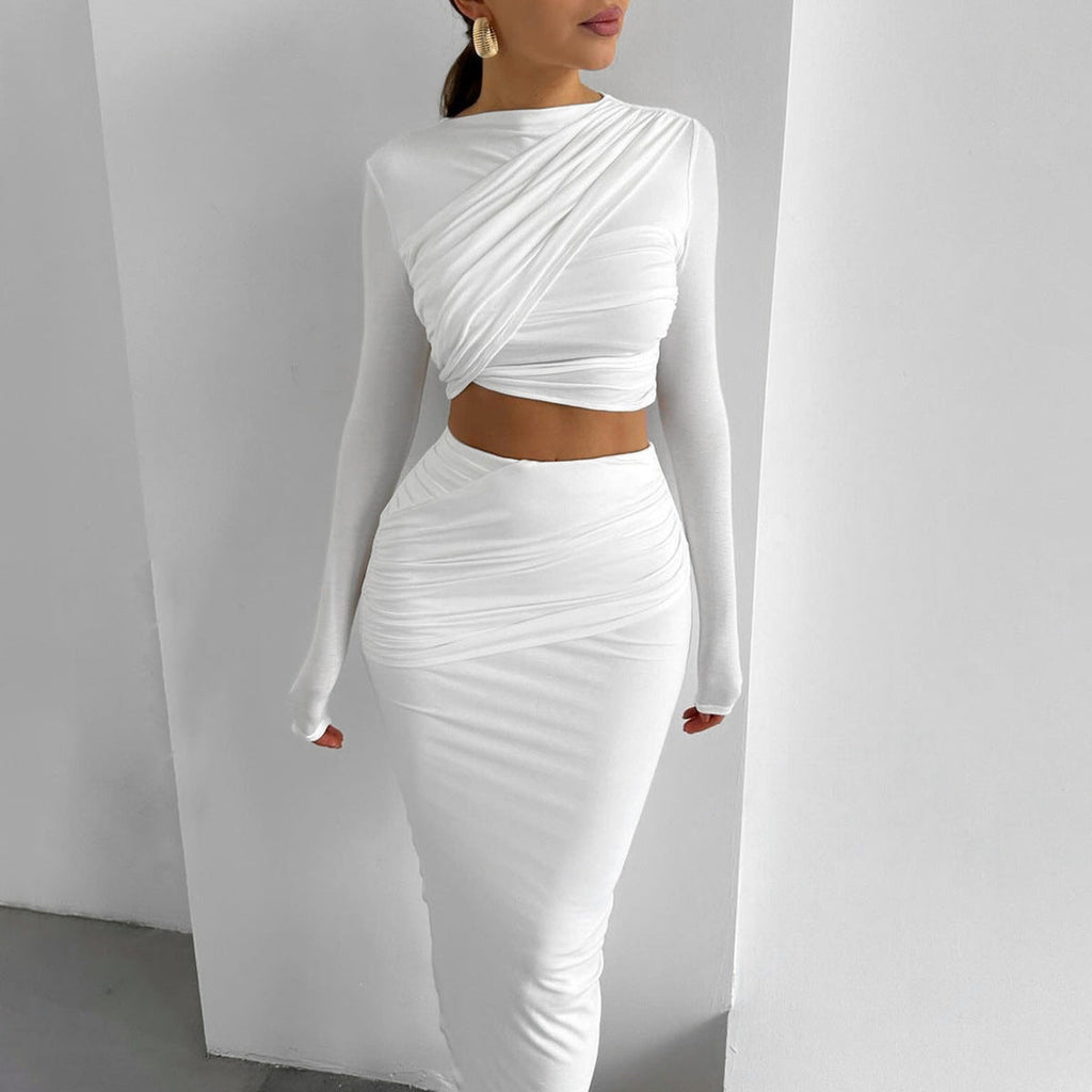 Damen Elegantes Crop-Top und Maxirock Ensemble mit Wickeldesign EB