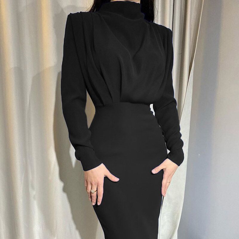 Damen Abendkleid mit elegantem hohen Kragen und drapierten Ärmeln EB
