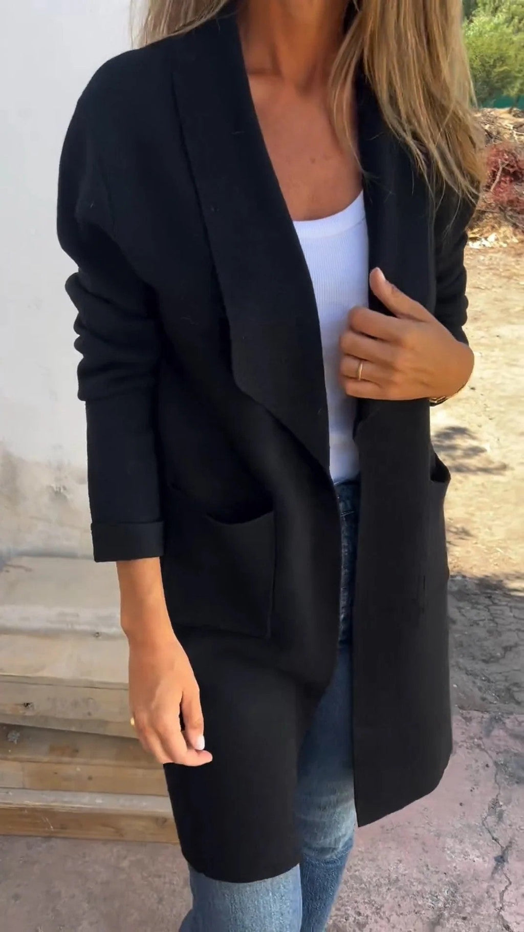 Damen Lässiger Oversize Mantel mit Offenem Kragen und Praktischen Taschen EB