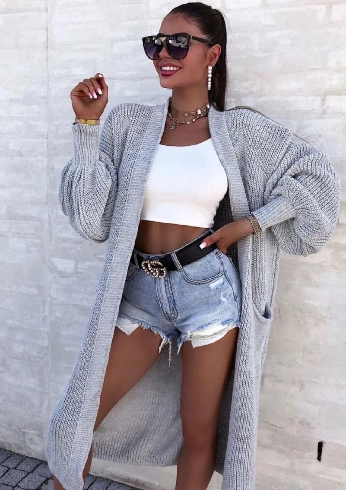 Damen Langer Strickmantel mit oversized Ärmeln und praktischen Taschen EB