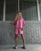 Damen lässiges Oberteil und Shorts-Set mit V-Ausschnitt und weitem Schnitt EB