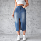 Damen Denim-Midirock mit hohem Schlitz und fransigem Saum EB