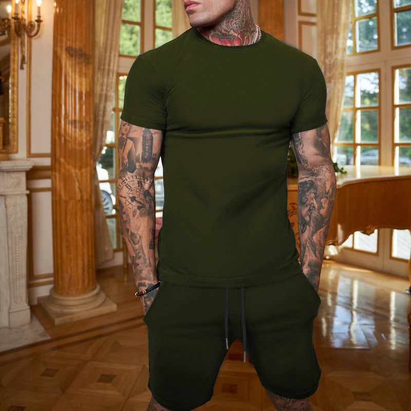 Herren nan schlankes Jersey-Set mit Rundhalsshirt und elastischer Tunnelzug-Shorts EB