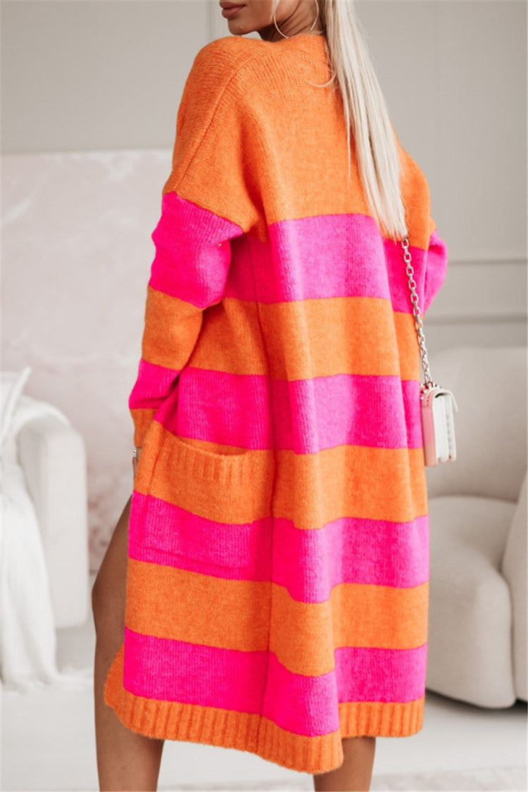 Damen lässiger Strickmantel mit großen Streifen EB