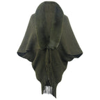 Damen luxuriöser Strickponcho mit elegantem Kunstfellkragen und Fransen EB