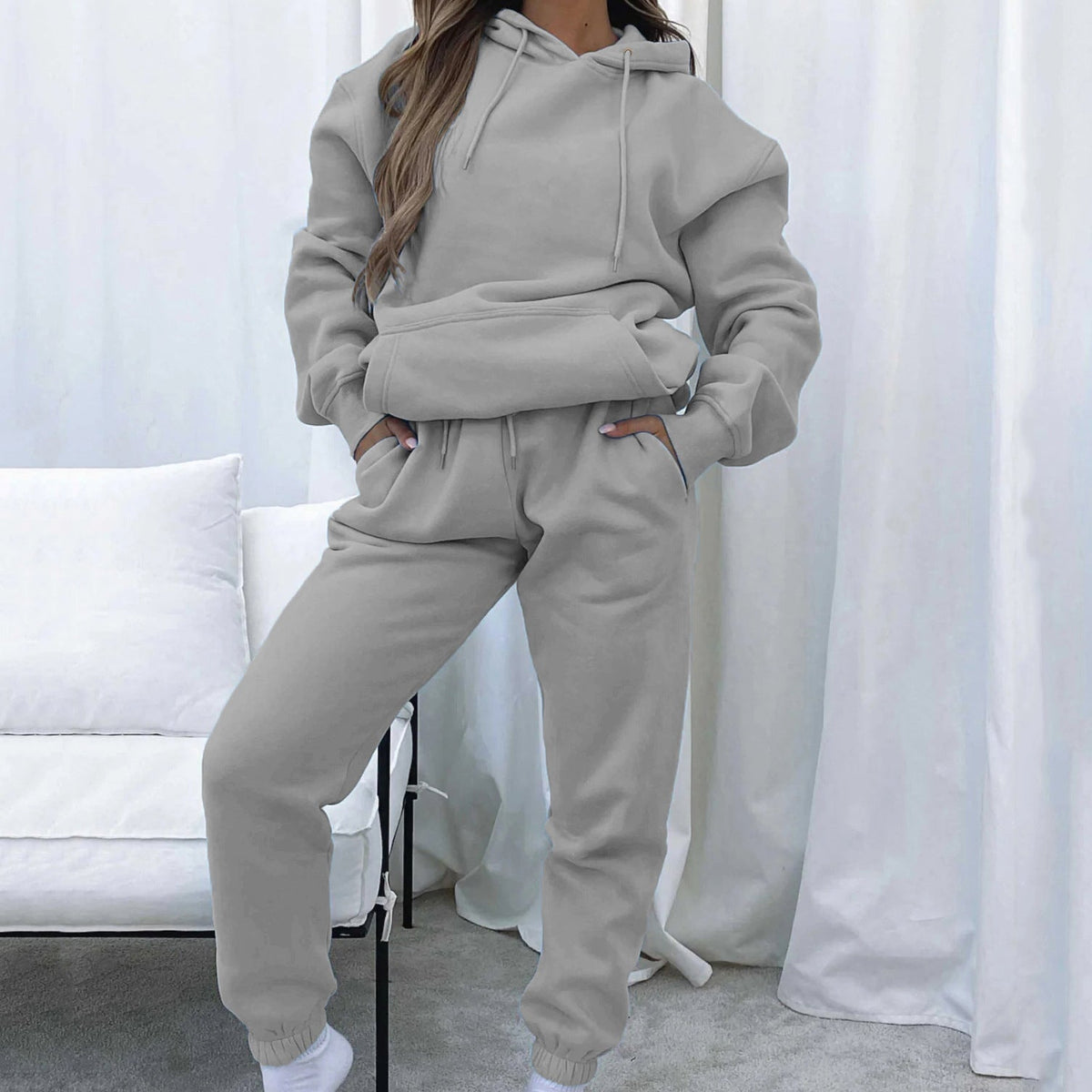 Damen nan Cropped Kapuzenjacke und High-Waist Jogginghose Set aus French Terry mit elastischem Bund EB
