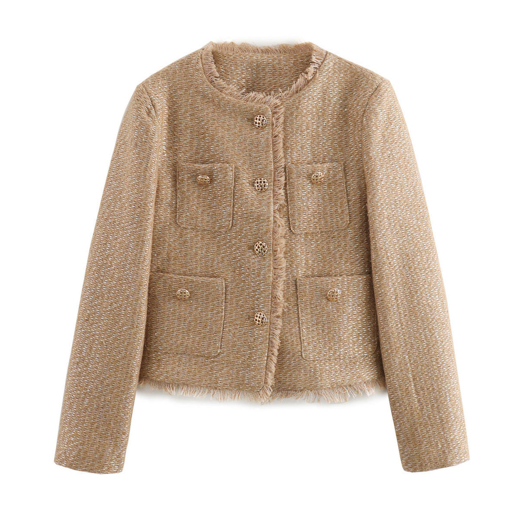 Damen elegante Tweed-Jacke mit Fransen und dekorativen Knöpfen EB