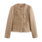 Damen elegante Tweed-Jacke mit Fransen und dekorativen Knöpfen EB